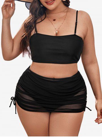 Trois Pièces Maillot de Bain Tankini Rembourré Plissé sans Dos de Grande Taille  - BLACK - L