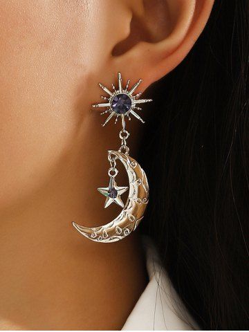 Vintage Diamond Star and Moon Drop Earrings - SILVER