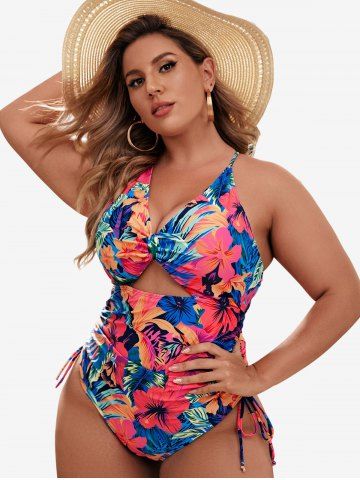 Plus Size Cinched Flower Printed Cutout Knot Padded Tropical One-piece Swimsuit - MULTI-A - L