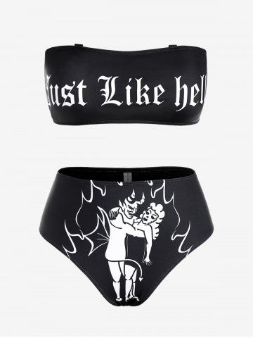 Gothic Figure and Letter Graphic Bandeau Bikini Swimwear