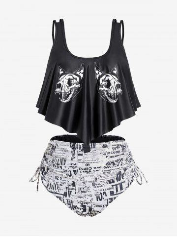 Gothic Dog Head Newspaper Print Cinched Ruched Tankini Swimwear - BLACK - 2X | US 18-20