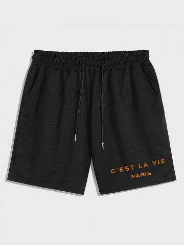 Letter C'EST LA VIE PARIS Graphic Printed Drawstring Shorts - BLACK - XL