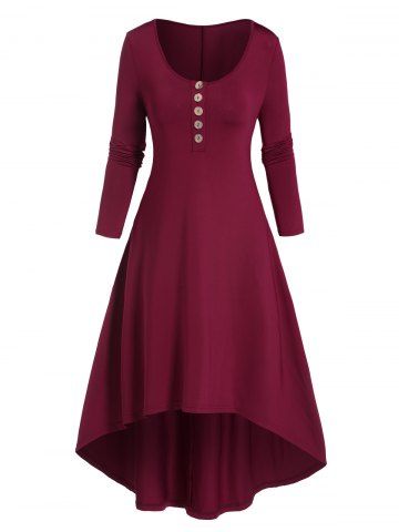 Solid Color Long Sleeve High Low Dress - DEEP RED - M