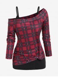 Plus Size Checked Off The Shoulder Top and Camisole Set -  