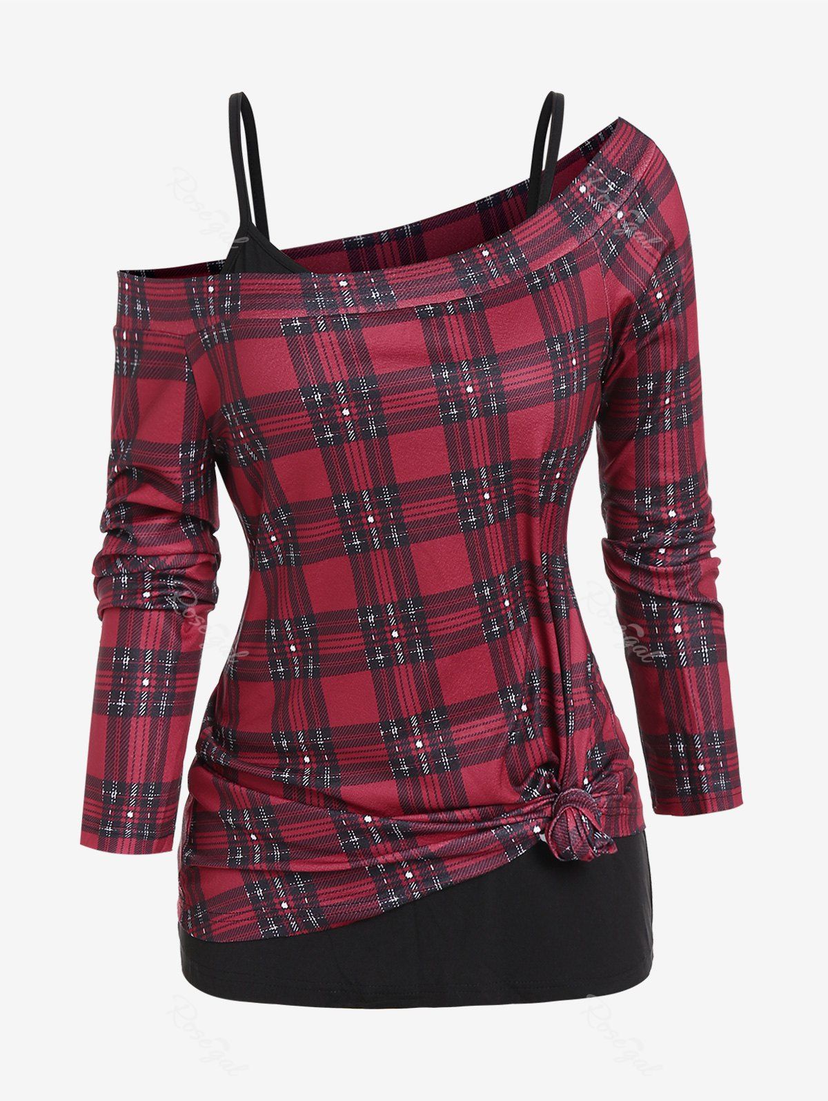 Unique Plus Size Checked Off The Shoulder Top and Camisole Set  