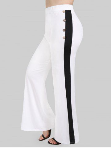 Plus Size Two Tone Pull On Flare Pants with Mock Buttons - WHITE - 1X | US 14-16