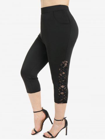 Plus Size Crisscross Strappy Lace Panel Slant Pockets Capri Leggings - BLACK - M | US 10