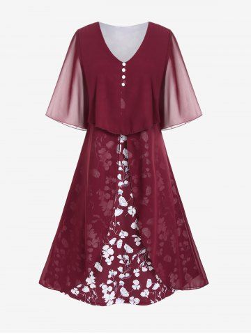 Plus Size Flutter Sleeves Mesh Overlay Floral A Line Midi Dress - DEEP RED - 2XL