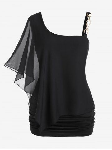T-shirt Superposé Chaîne en Maille Manches Bouffantes de Grande Taille à Col Oblique - BLACK - 1X | US 14-16