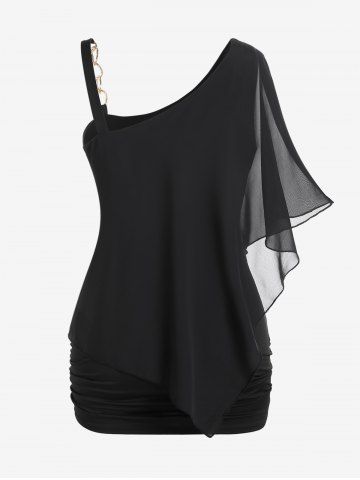 Plus Size Mesh Overlay Chain Flutter Sleeves Skew Neck Tee