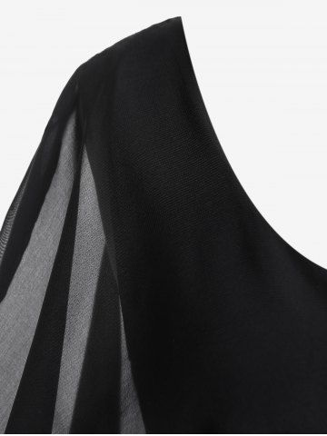 Plus Size Mesh Overlay Chain Flutter Sleeves Skew Neck Tee