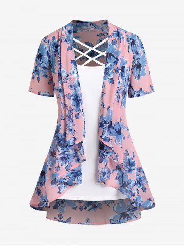 Plus Size Open Front Floral Asymmetric Top and Crisscross Tank Top Set - LIGHT PINK - M | US 10