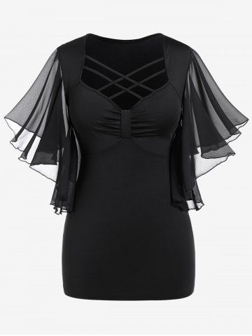 Plus Size Crisscross Strappy Chiffon Butterfly Sleeve Ruched Top - BLACK - M | US 10
