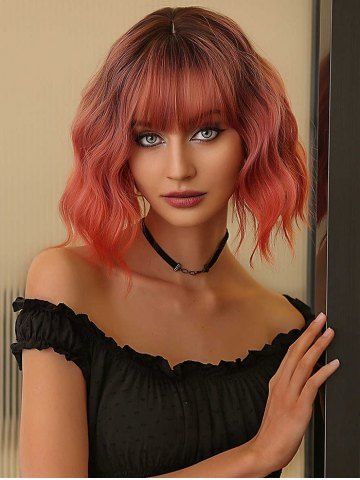 Synthetic Pink Brown Gradient Color See-through Bang Short Curly Wig - LAVA RED - 12INCH