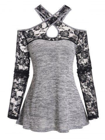 Top Fleur Panneau en Dentelle Transparente Epaule Dénudée à Manches Longues - LIGHT GRAY - XXL