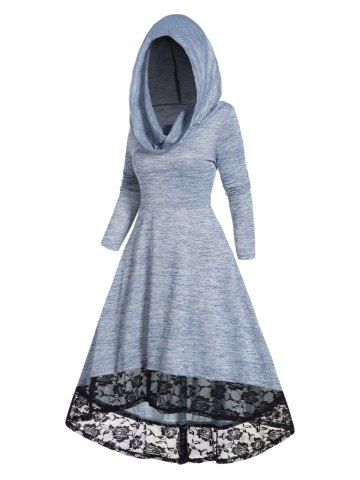 Space Dye Flower Lace Panel High Waisted Long Sleeve High Low Midi Hooded Dress - LIGHT BLUE - S