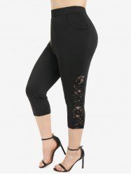 Plus Size Crisscross Strappy Lace Panel Slant Pockets Capri Leggings -  