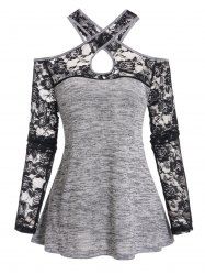 Cold Shoulder Sheer Flower Lace Panel Long Sleeve Top -  