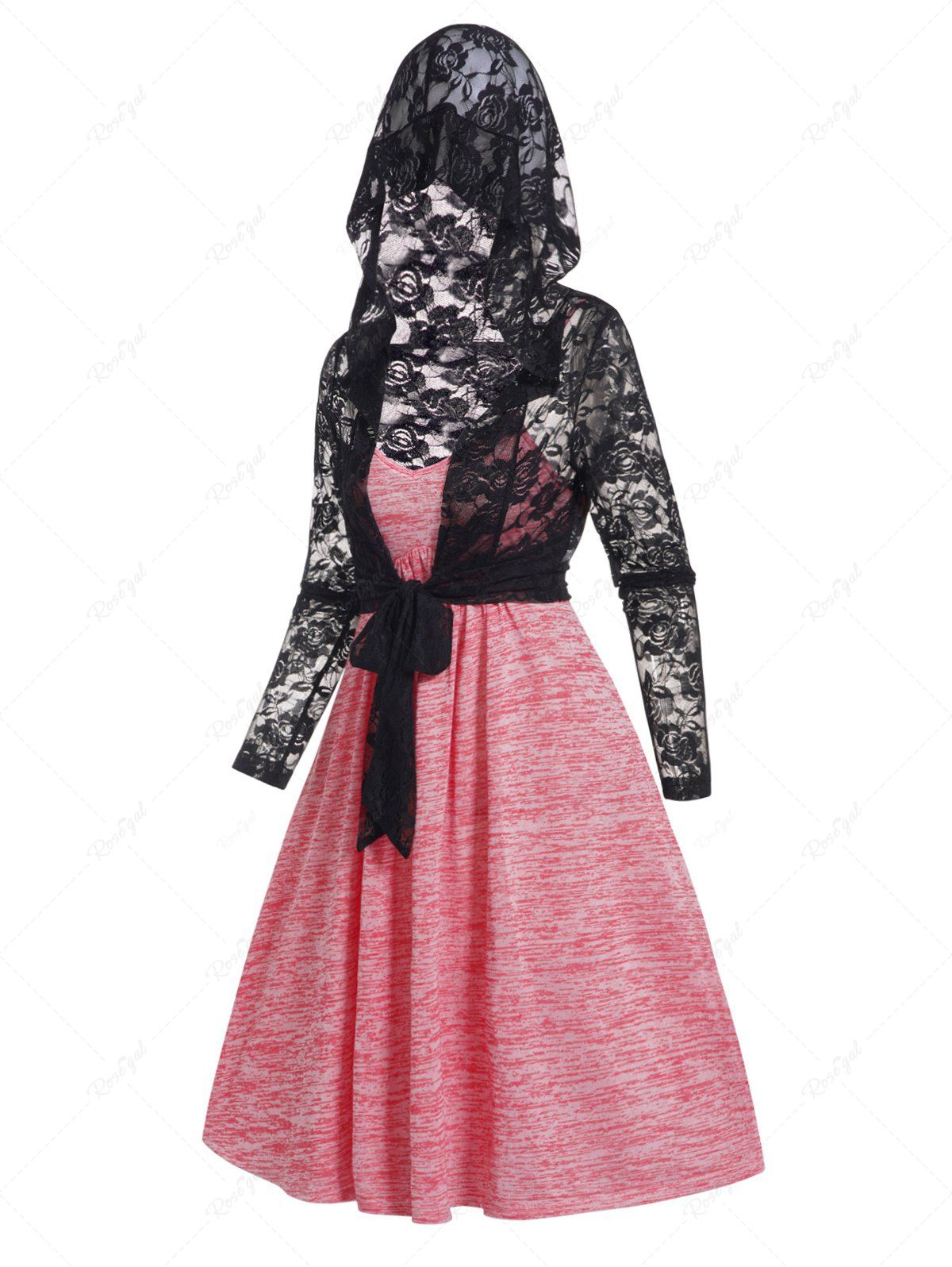 Store Heather Empire Wast A Line Mini Cami Dress And Flower Lace Tied Front Long Sleeve Hooded Top Set  