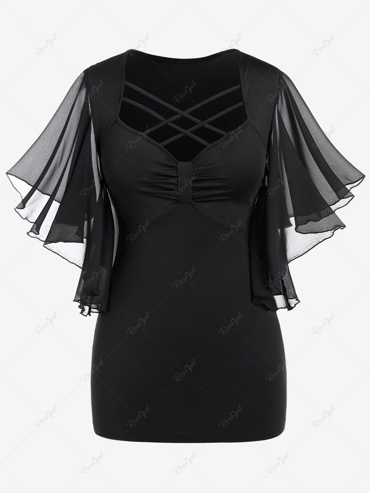 Fancy Plus Size Crisscross Strappy Chiffon Butterfly Sleeve Ruched Top  