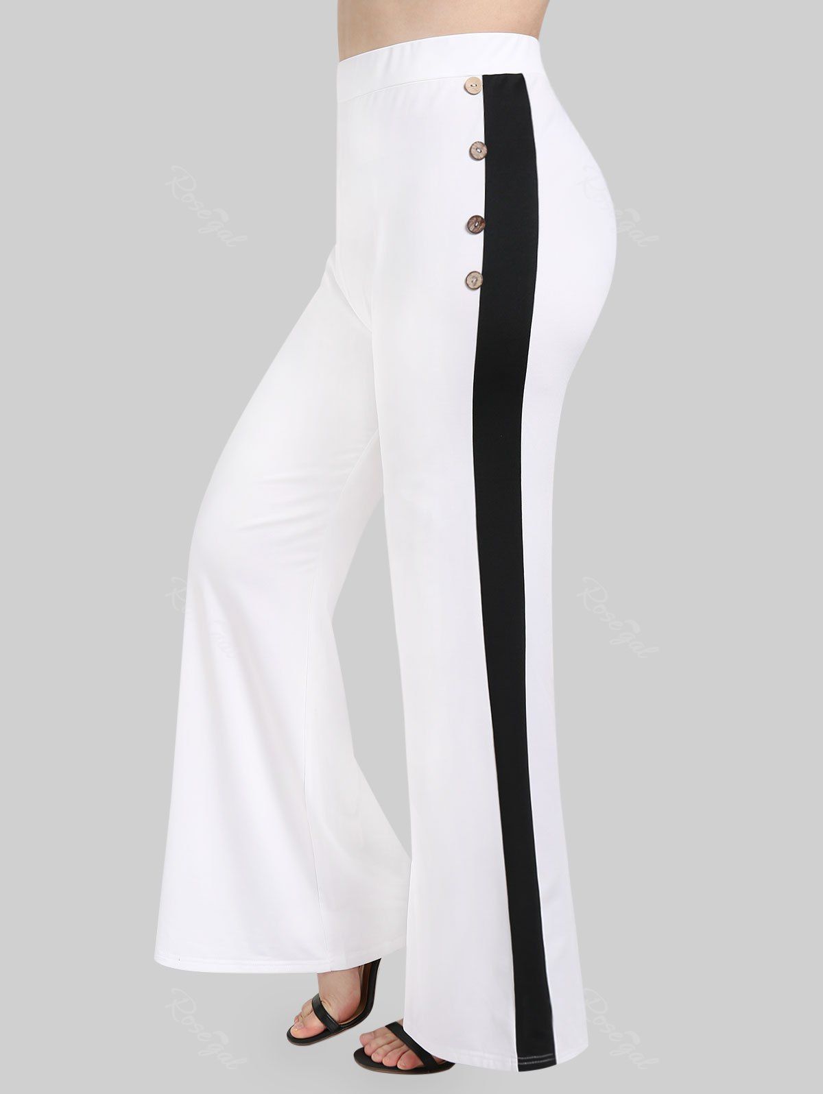 Pantalon Evasé Bicolore avec Faux Boutons de Grande Taille Blanc 3X | US 22-24