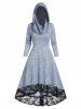 Space Dye Flower Lace Panel High Waisted Long Sleeve High Low Midi Hooded Dress -  