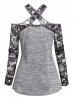 Cold Shoulder Sheer Flower Lace Panel Long Sleeve Top -  