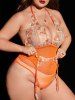 Plus Size Embroidered Lace Panel Mesh Halter Teddy and Garter Belt -  