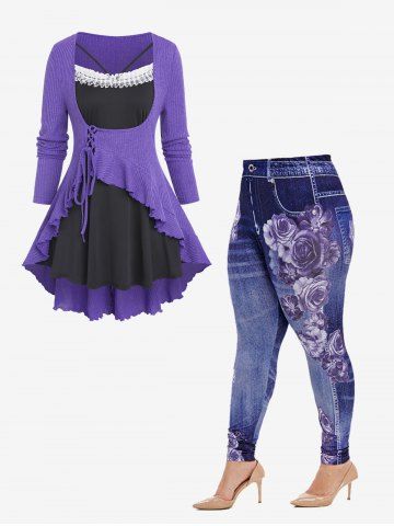 Lace Panel Lace-up Flounce Twofer Sweater and High Rise Floral Gym 3D Jeggings Plus Size Outfit - PURPLE