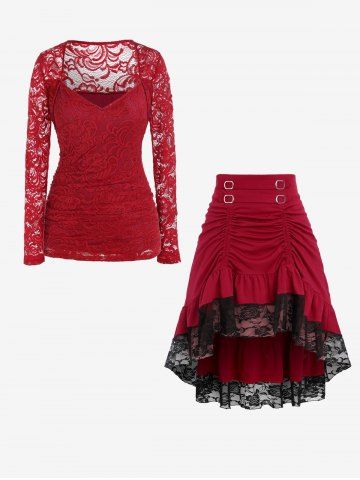 Lace Panel Sweetheart Neck Tee and Ruched Ruffled Layered Midi High Low Skirt Valentines Plus Size Outfits - RED