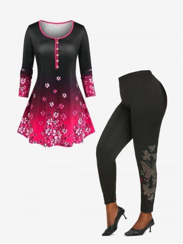 Floral Ombre Loop Button Placket Skirted Tunic Top and Rhinestone Butterfly Embellished Leggings Plus Size Outfits