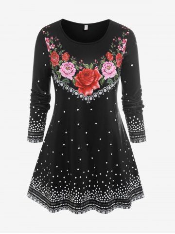 Plus Size Round Neck Floral Pattern Valentines T Shirt - BLACK - L