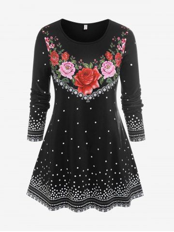 Plus Size Round Neck Floral Pattern Valentines T Shirt - BLACK - 3X