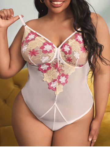 Plus Size Floral Embroidered Sheer Mesh Cutout Teddy - WHITE - 1XL