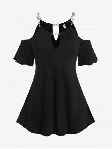 Plus Size Keyhole Cold Shoulder Chains Solid Tee