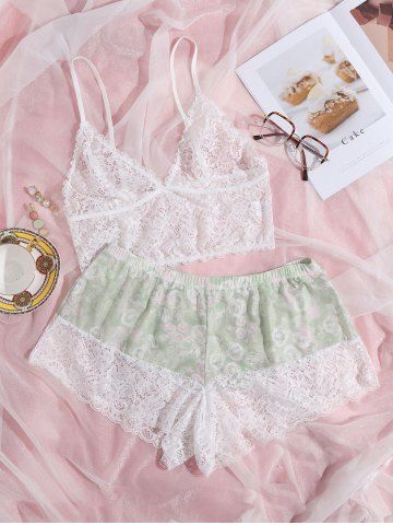 Plus Size Lace Camisole and Mesh Panel Floral Shorts Set