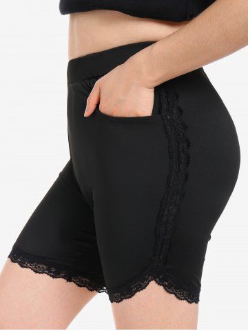 Plus Size Lace Panel Skinny Short Leggings with Pocket - BLACK - M | US 10