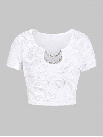 Gothic Ripped Chain Embellish Cutout Crop Top - WHITE - M | US 10