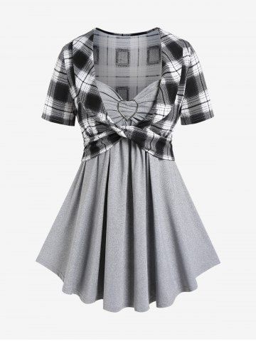 Plus Size Metal Heart Twist Plaid Short Sleeves Twofer Tee - GRAY - 1X | US 14-16