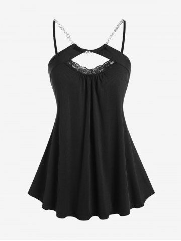 Plus Size Lace Panel Cutout Backless Chains Ribbed Tank Top - BLACK - M | US 10