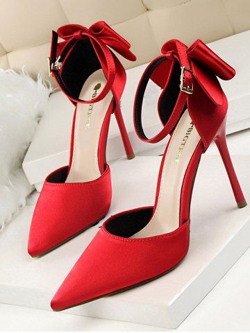 Silky Satin Bow Detail High Heeled Pointed Toe Pumps - RED - EU 40