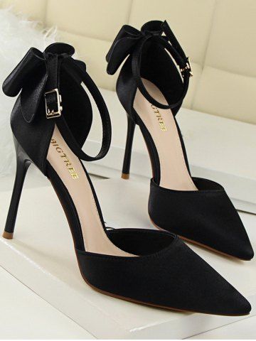 Silky Satin Bow Detail High Heeled Pointed Toe Pumps - BLACK - EU 39