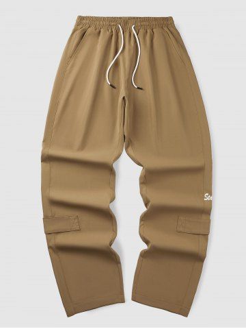 Letter Printed Straight Leg Drawstring Casual Pants - COFFEE - S