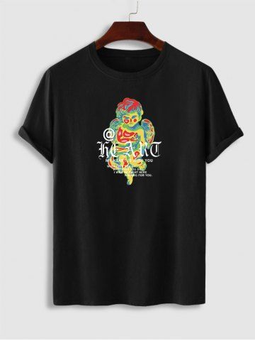 Letter Angel Graphic Printed Short Sleeve T-shirt - BLACK - M