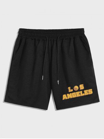 Letter LOS ANGELES Yin-and-yang Graphic Printed Drawstring Shorts - BLACK - M