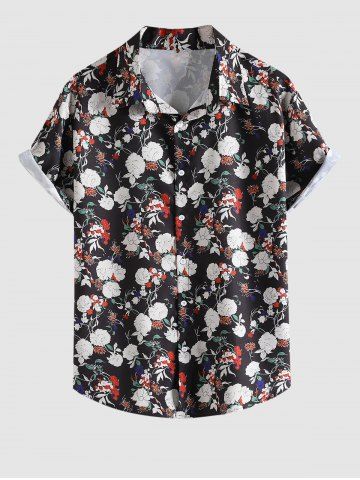 Floral Print Short Sleeve Shirt - BLACK - XL