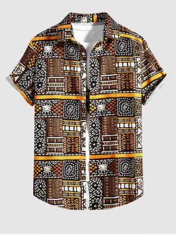 Graphic Print Vintage Short Sleeves Casual Shirt - BROWN - M