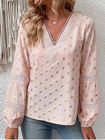 Hollow Out Lace Panel Foiled Dots Print V Neck Blouse - LIGHT PINK - S