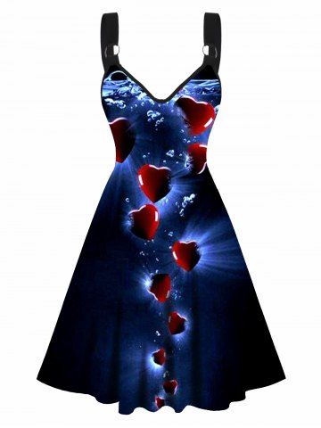 Water Heart Print Valentine's Day V Neck Sleeveless A Line Dress - BLACK - S