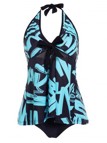 Allover Print Padded Halter Tankini Swimsuit - BLUE - M